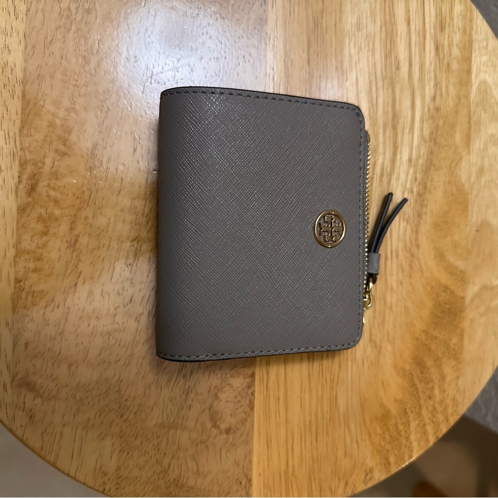 Tory Burch Taupe Leather Wallet with Gold Accent